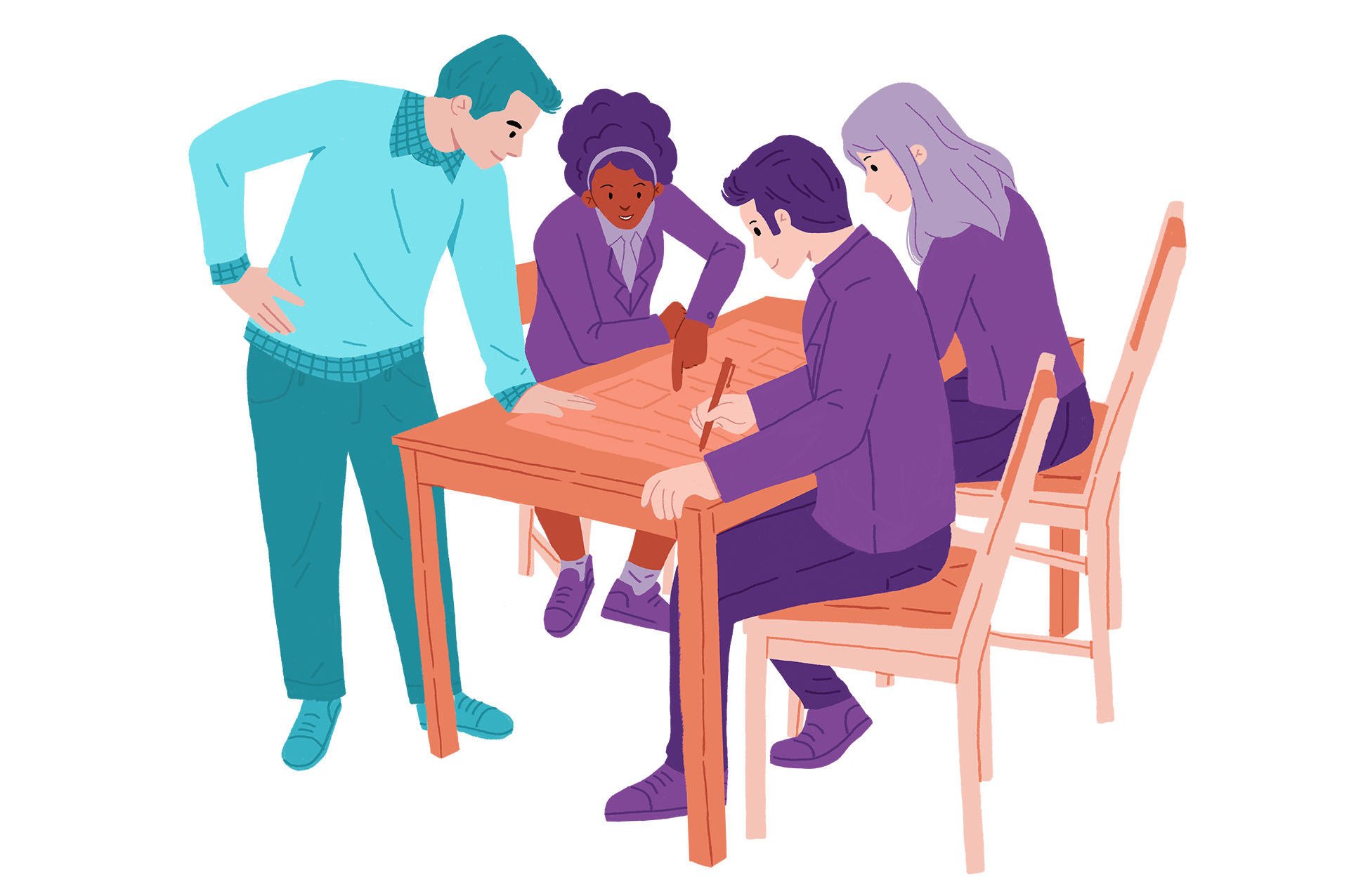 A group of students sit working together round a table with a teacher standing next to them