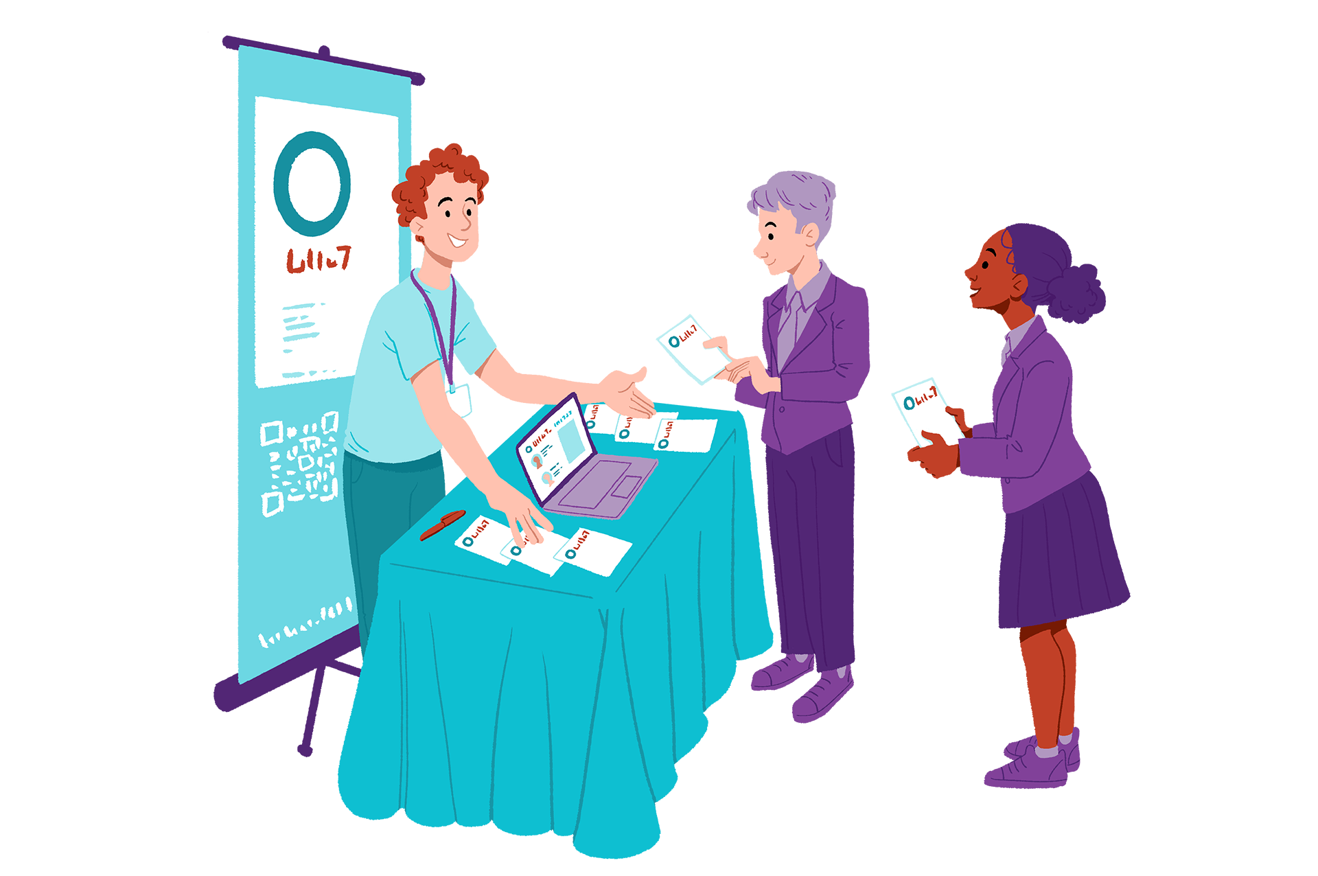 Two students approach a charity representative stood behind a stall