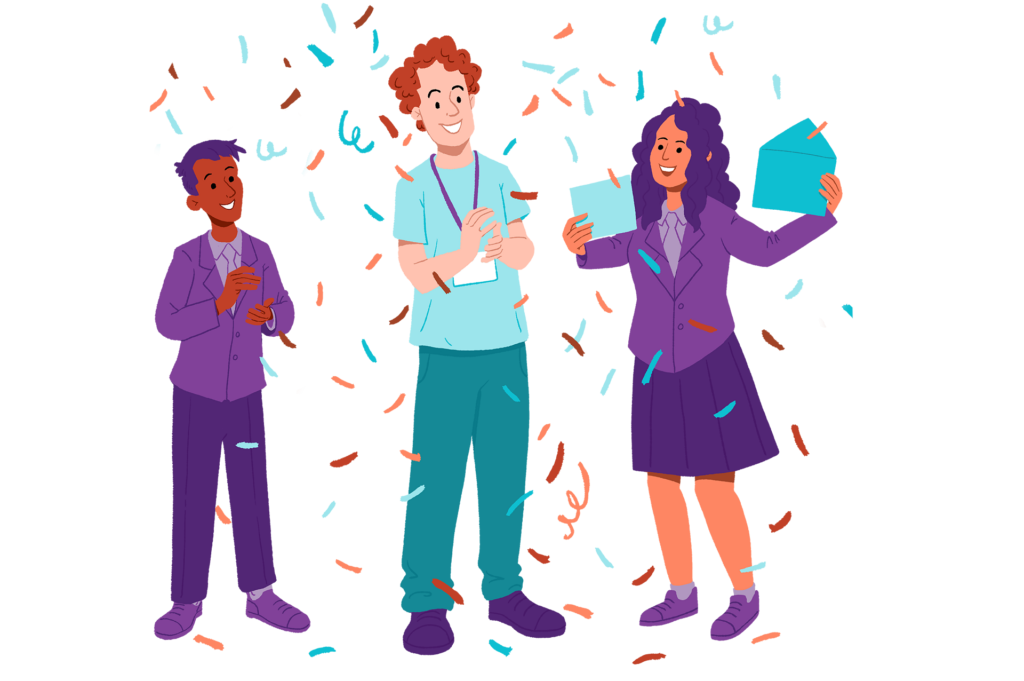 Two students and a charity representative celebrate with ticker tape falling around them