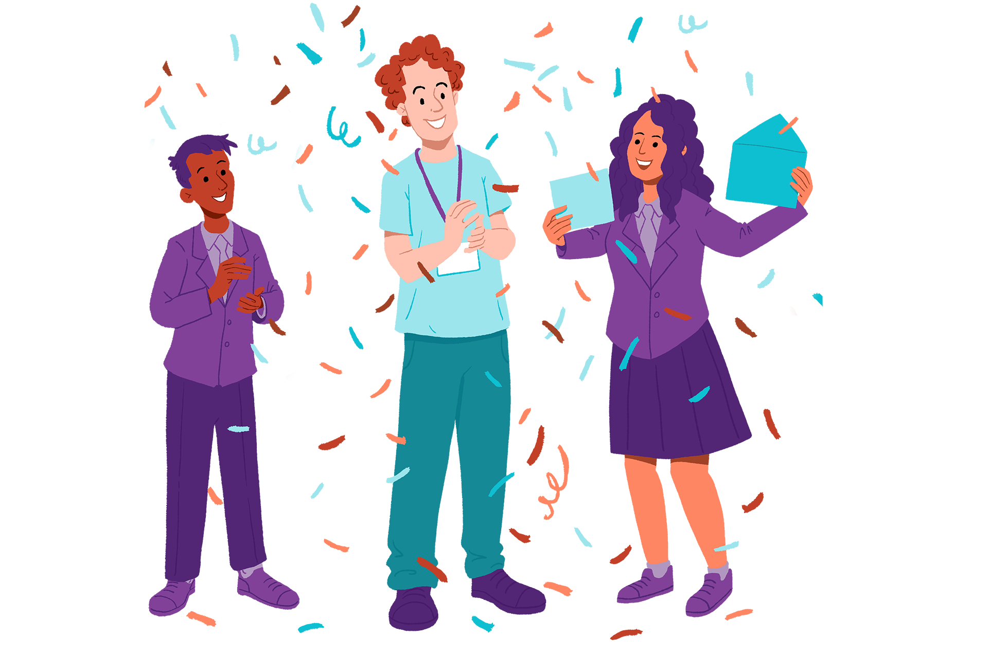 Two students and a charity representative celebrate with ticker tape falling around them